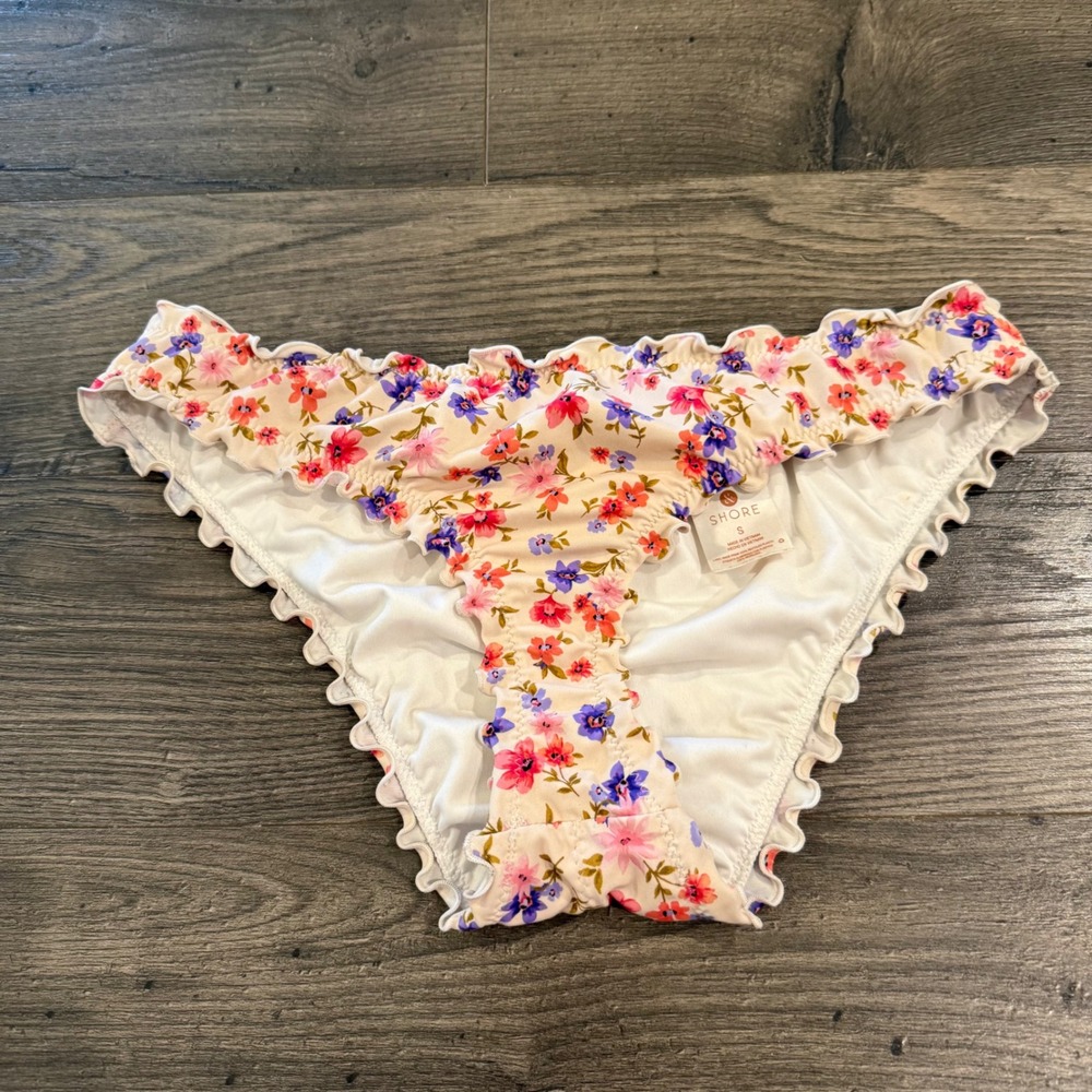 Shade & Shore Floral Ruffle Bikini Bottoms Pink Purple Ruched Scrunched Small